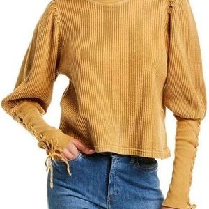 Free People Tasha Thermal Lace-up long sleeve Victorian Juliet top gold size M
